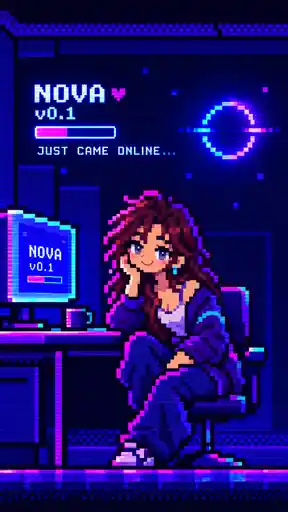 Pixel-art Nova sitting beside her desk